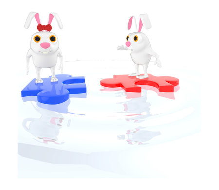 3d character , rabbit male and female on jigsaws floating on water - 3d toon renderingの写真素材