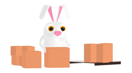 3d character , rabbit and stack of cardboard boxes - 3d toon renderingの写真素材