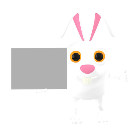 3d character , rabbit holding a empty space banner - 3d toon renderingの写真素材