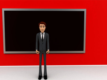 3d man standing inside a classroom consisting of a blackboard concept in white isolated background - 3d rendering , front angle viewの写真素材