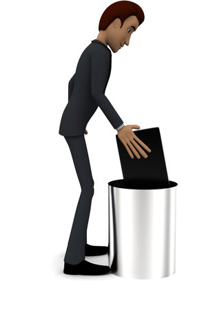 3d man trowing book inside dustbin concept on white background - 3d rendering , side angle viewの写真素材