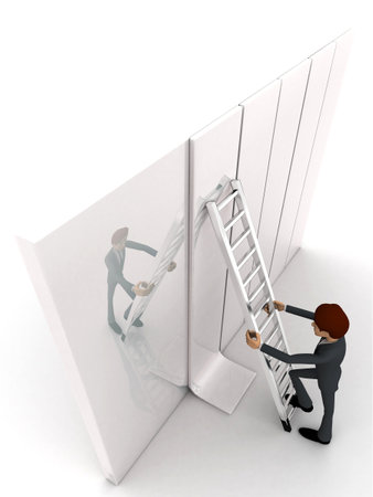 3d man climb ladder on wall concept on white background, top angle viewの写真素材