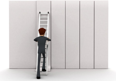 3d man climb ladder on wall concept on white background, front angle viewの写真素材