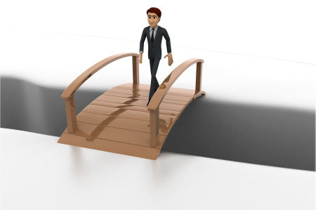 3d man crossing bridge concept on white background, front angle viewの写真素材