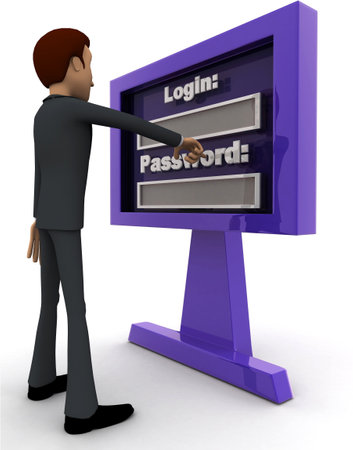 3d man entering login and password concept on white background, sideangle viewの写真素材