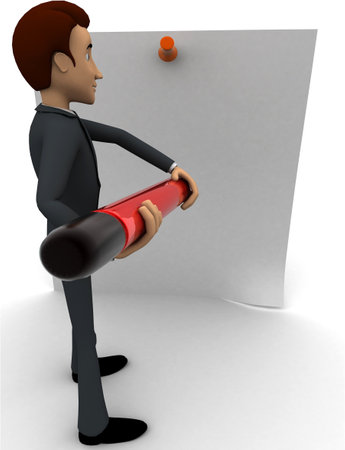 3d man holding big pencil and write on clip board concept on white background, front angle viewの写真素材