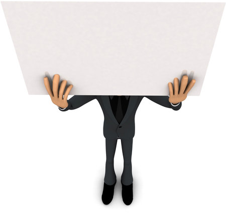 3d man holding a white blank sheet elevated over his head concept on white isolated background - 3d rendering , top angle viewの写真素材