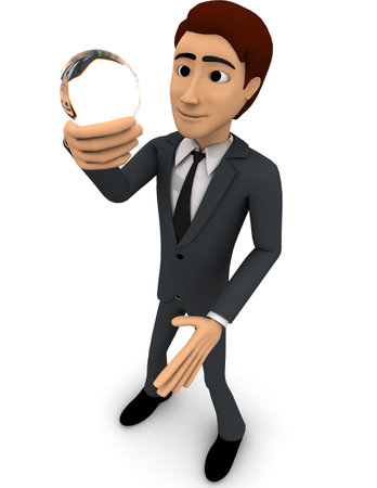3d man holding sphere of glass in hand and watching it concept on white background, left angle viewの写真素材