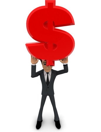 3d man holding red dollar sign in hand concept on white background, front angle viewの写真素材