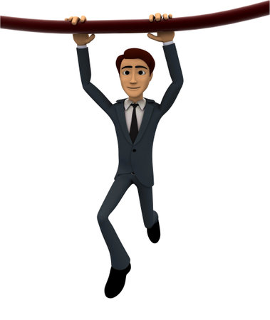 3d man hanging on rope with both hands concept on white background, front angle viewの写真素材