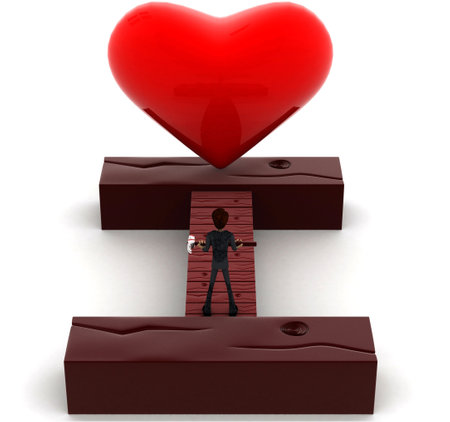 3d man holding hammer , walking towards love - heart concept in white isolated background , top angle viewの写真素材