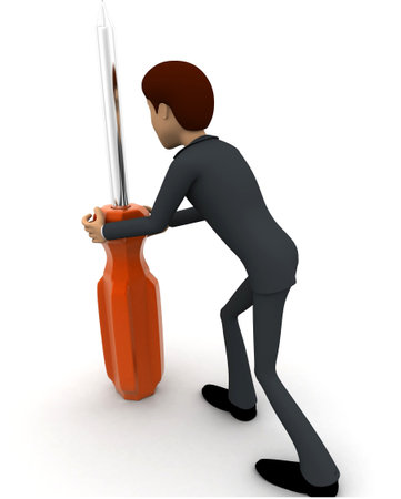 3d man holding big screw driver concept on white backgorund, back angle viewの写真素材