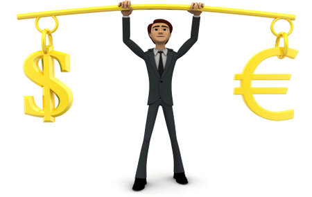 3d man lifting dollar ad euro up in air concept on white background, front angle viewの写真素材