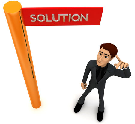3d man looking at solution sign board concept on white background, top angle viewの写真素材