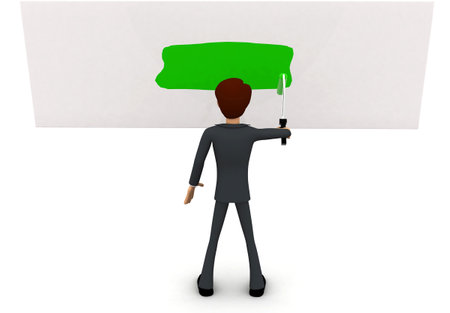 3d man paint green on wall concept on white background, front angle viewの写真素材