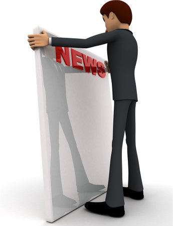 3d man reading news paper concept on white background, side angle viewの写真素材
