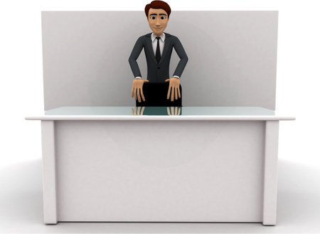 3d man in office with table and chair concept on white background, front angle viewの写真素材
