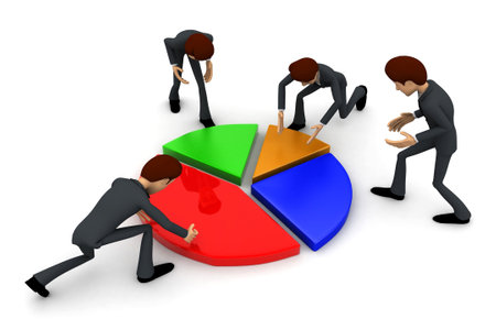 3d man planing percentage of pie graph concept on white background, top angle viewの写真素材