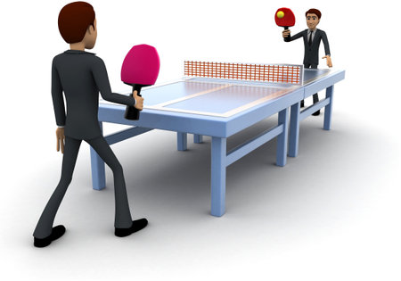 3d man play table tennis concept on white backgorund, side angle viewの写真素材