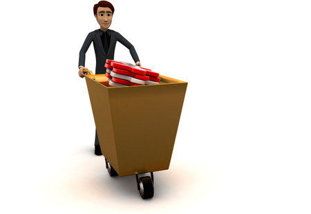 3d man pulling a shopping cart concept in white isolated background 3d - rendering , front angle viewの写真素材