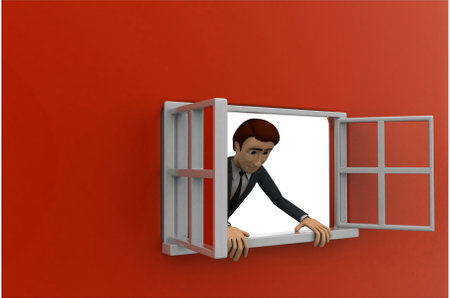 3d man looking out of window concept on red background, side angle viewの写真素材