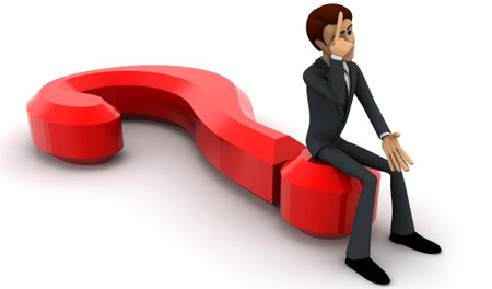 3d man sitting on question mark in stress concept on white background, sideangle viewの写真素材