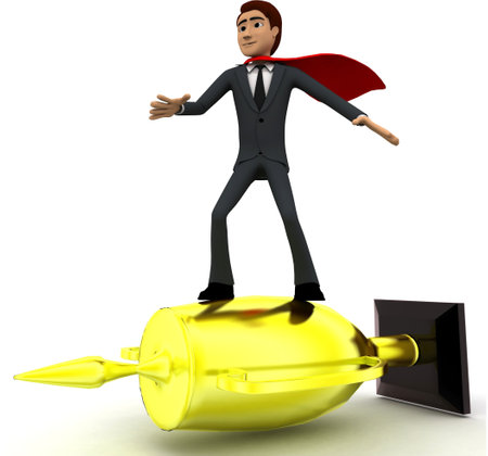 3d man super hero riding on golden cup of winner concept on white background, side angle viewの写真素材