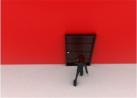 3d man walking towards door concept on white background - 3d rendering, top angle viewの写真素材