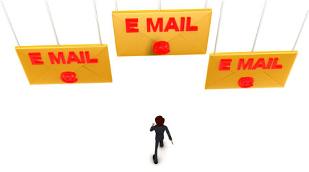 3d man walking towards email-text mail letter concept on white background - 3d rendering , top angle viewの写真素材