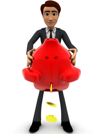 3d man taking out golden coins from red piggybank concept on white background, front angle viewの写真素材