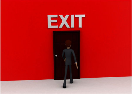 3d man walking towards door and EXIT written on top of it concept on white background - 3d...