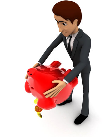 3d man taking out golden coins from red piggybank concept on white background, top angle viewの写真素材