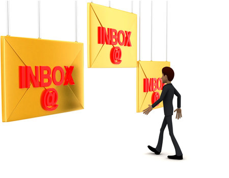 3d man walking towards inbox-text mail letter concept on white background - 3d rendering , side angle viewの写真素材