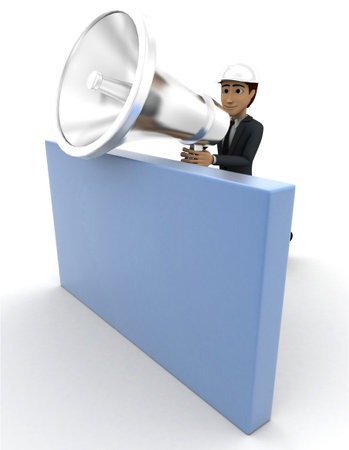 3d man with big silver speaker and hide behind wall concept on white background, side angle viewの写真素材