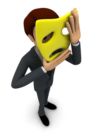 3d man wear unhappy mask concept on white background, top angle viewの写真素材