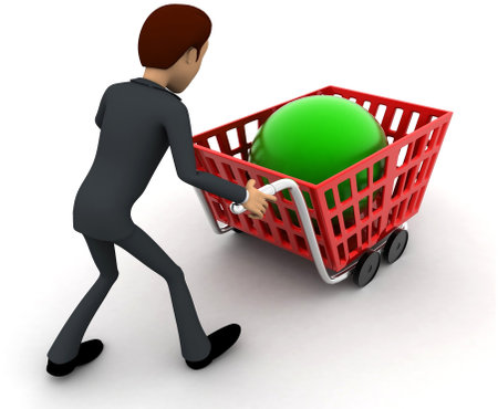 3d man with red shopping cart and green sphere in it concept on white background, back angle viewの写真素材