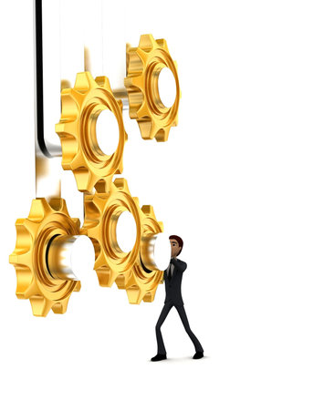 3d man with mechanical gear system concept on white background - 3d rendering , side angle viewの写真素材