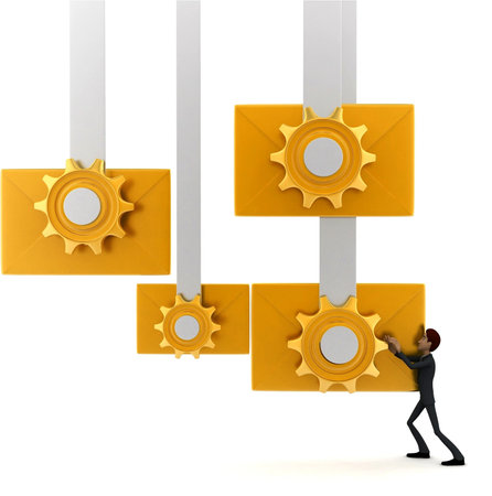 3d man with mail and mechanical gear system on it concept on white background - 3d rendering , front angle viewの写真素材