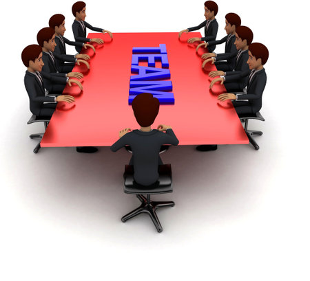 3d men sitting around table made of puzzle pieces and team text on it concept on white background - 3d rendering , front angle viewの写真素材