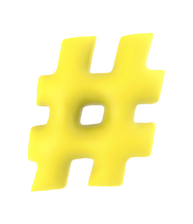 hashtag symbol yellow cartoon font isolated on white background