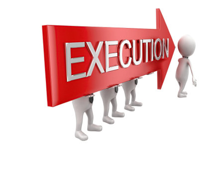 3d man presenting execution text on arrow which supported by group of men concept in white isolated background , back angle viewの写真素材
