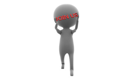 3d man holding join us text in hands concept on white background , front angle view