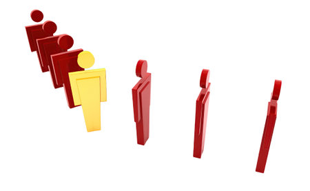3d man standing in arc with leader in middle concept on white background, top angle view