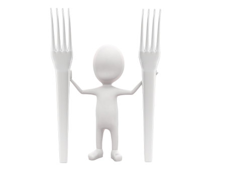 3d man holding forks in hands concept in white isolated background , front angle viewの写真素材