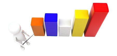 3d man presenting bar graph concept in white isolated background - 3d rendering , top angle viewの写真素材