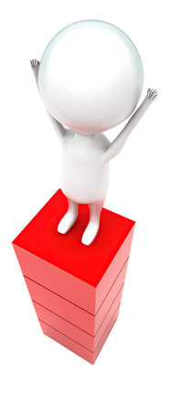 3d man raising hands upward and standing on the top of red blocks concept in white isolated background - 3d rendering , top angle viewの写真素材
