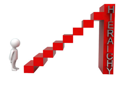 3d man steping into heirarchy steps concept in white isolated background - 3d rendering , side angle viewの写真素材