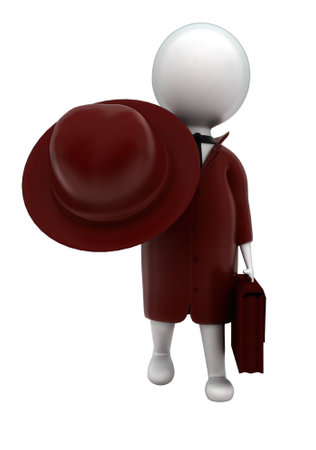 3d man wearing coat and holding hat in hands concept in white isolated background - 3d rendering , front angle viewの写真素材