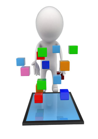 3d man looking at smart phone - cube 3d objects coming out from screen concept in white isolated background , front angle viewの写真素材