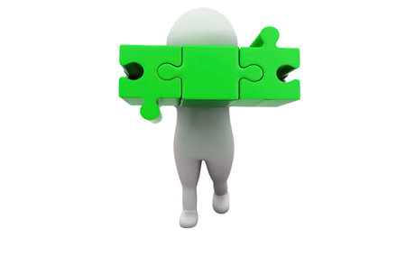 3d man holding puzzle concept on white isolated backgroung, front angle viewの写真素材